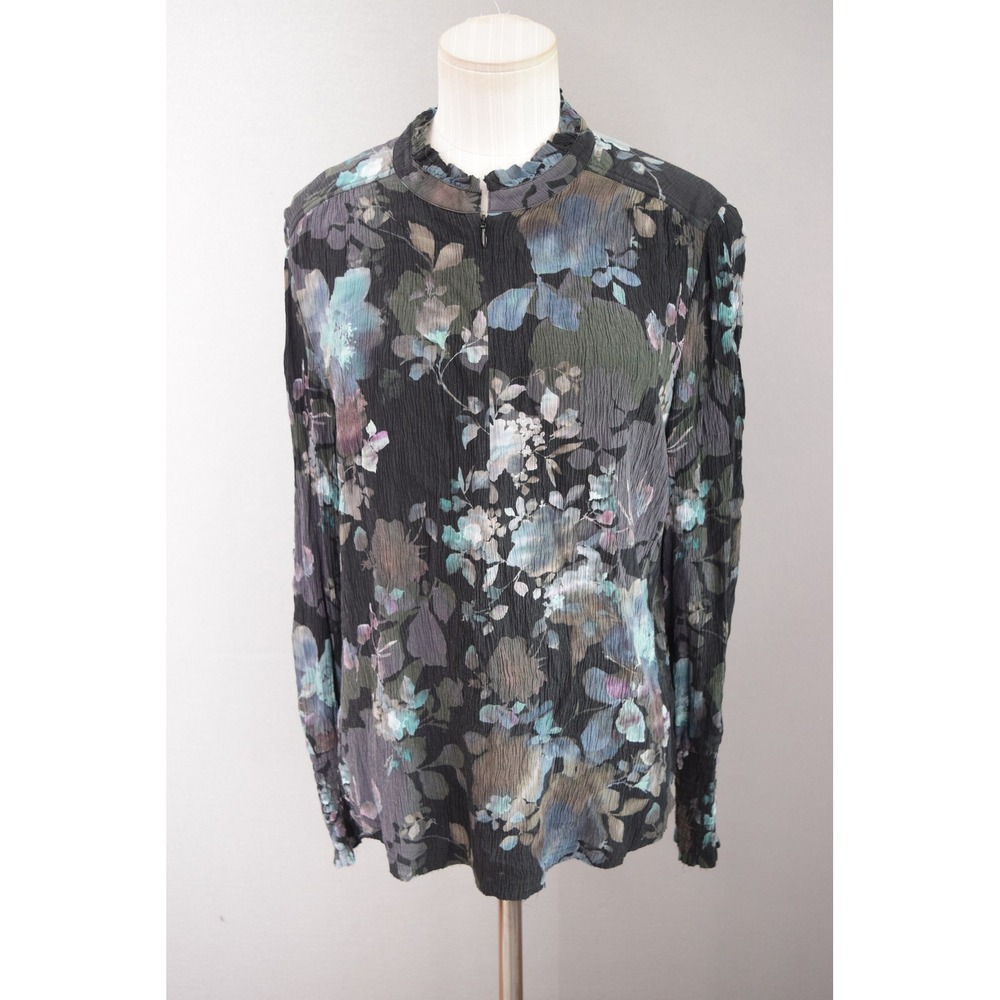 Go by GoSilk Blouse L Black Floral Washable Silk Crinkle Mock Neck Women Top